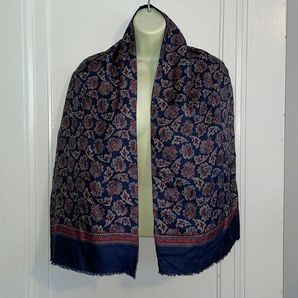 Vtg silk paisley & navy blue wool‎ reversible winter scarf